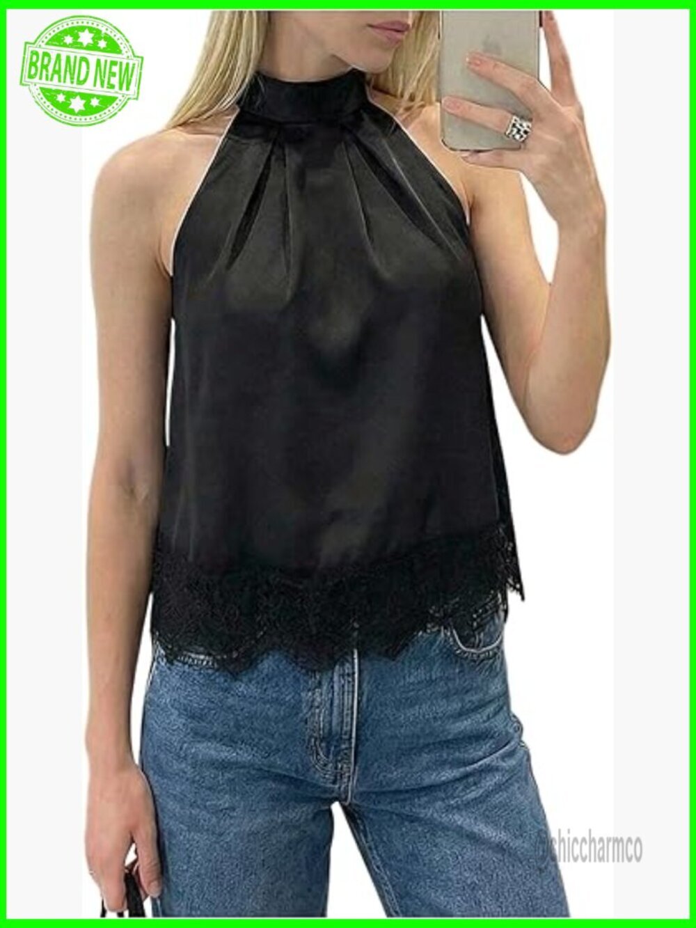 Satin Lace Halter Top Y2k Tie Back Sleeveless Dressy Tank
